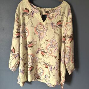 J. Jill Love Linen Top XL Butter Yellow Paisley Tie 3/4 Sleeve Tunic Beachy